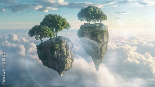 Enormous boulders hover above the clouds acting as the foundation for treecovered floating islands. photo