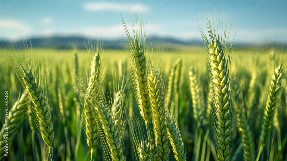 Fields of grain. At this time of the year, the grain is still immature and therefore has a beautiful green colour. Fields of grain. At this time of the year, the grain is still immature and therefore has a beautiful green colour.