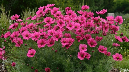 A group of deep pink cosmos flowers swaying in the breeze, their vibrant color contrasting against the green foliage