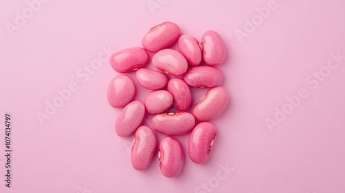 A handful of pink kidney beans placed on a soft pastel pink background, highlighting their unique color and shape