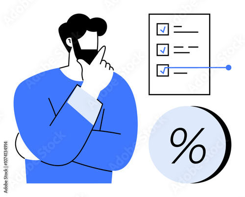 A man in a contemplative pose analyzing a checklist and a percentage symbol. Ideal for productivity, analysis, decision making, planning, financial insights, goal setting, business strategies. Line