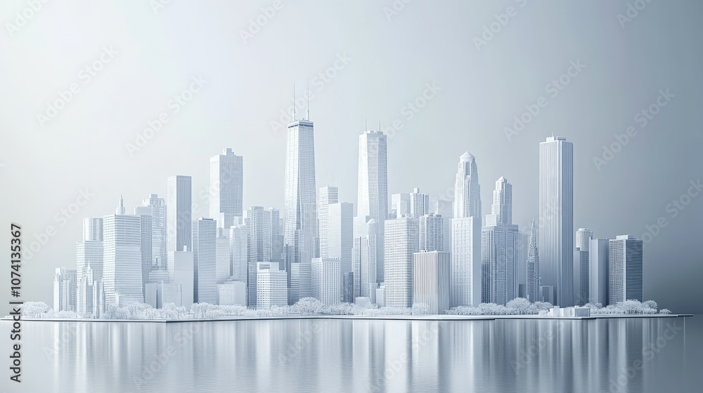 A modern 3D render of Chicago cityscape, with its architectural landmarks constructed from smooth white material, evoking a futuristic, clean aesthetic A modern 3D render of Chicago cityscape, with its architectural landmarks constructed from smooth white material, evoking a futuristic, clean aesthetic