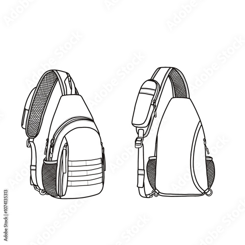 Sling bag crossbody backpack travel chest bag hiking daypack for women men outdoor sports vector icon line art. An editable vector design of sling bag crossbody bag. Isolated on a white background.