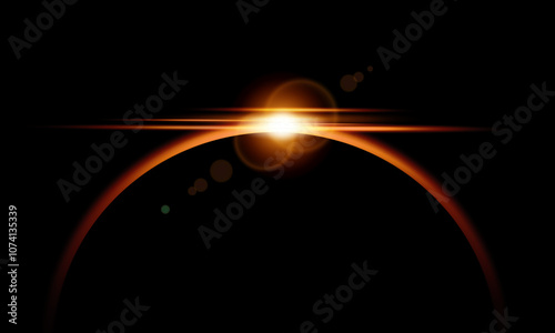 Horizon of the planet with soft neon light effect. Sunlight rises over the edge of the planet. Solar or lunar eclipse, earth silhouette in outer space. Vector illustration.