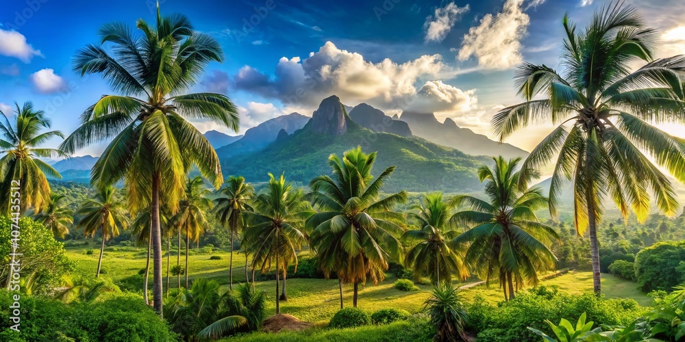 Fototapeta premium Scenic Panoramic Landscape of Palm Trees Framing a Majestic Mountain Range Surrounded by Lush Greenery Under a Bright Blue Sky for Nature Lovers and Travel Enthusiasts