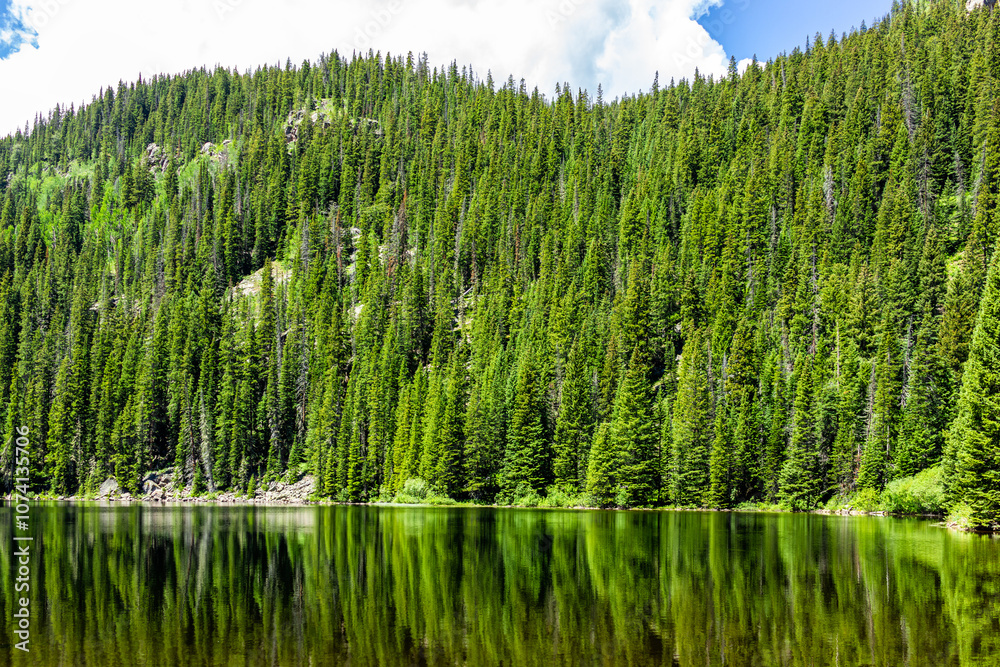 Beaver lake landscape from trail in Beaver Creek ski resort near Avon, Colorado water surface in summer in Holy Cross Wilderness spruce tree forest Beaver lake landscape from trail in Beaver Creek ski resort near Avon, Colorado water surface in summer in Holy Cross Wilderness spruce tree forest