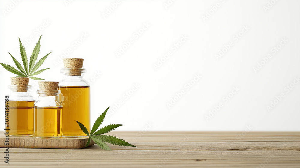 Cannabis oil bottles with hemp leaves on a wooden tray. Cannabis oil bottles with hemp leaves on a wooden tray.