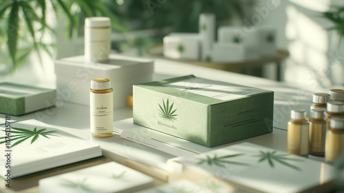Wallpaper Mural Cannabis skincare collection with green packaging displayed on a modern office desk. Torontodigital.ca