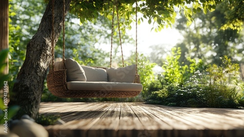 A rustic wooden terrace with a wicker swing gently swaying from a tree, framed by a softly blurred nature background, creating a serene and cozy vibe