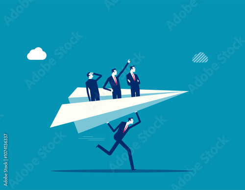 Mentor or support employee to success, manager to help or advice staff to reach goal, work coaching or adviser expert concept, businessman manager launching paper plane origami with team colleagues.