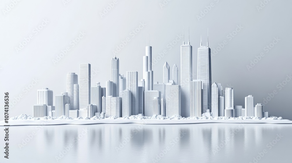 A stylized 3D illustration of Chicago, with its skyline crafted in white material, providing a minimalist and modern perspective of the city A stylized 3D illustration of Chicago, with its skyline crafted in white material, providing a minimalist and modern perspective of the city