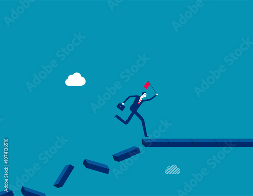 Survive and success in crisis, taking risk to thrive and succeed, courage or confidence to achieve target, effort to overcome challenge concept, businessman jumping on collapse bridge to reach target.
