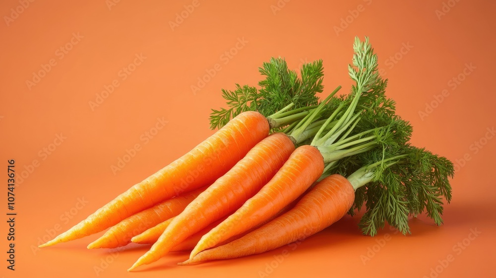 A vibrant bunch of fresh, bright orange carrots with green tops, arranged neatly on a vivid orange background A vibrant bunch of fresh, bright orange carrots with green tops, arranged neatly on a vivid orange background