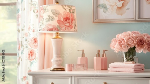 A vintage-inspired floral table lamp with rosy tones, illuminating a chic vanity with soft pink accessories
