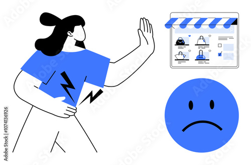 Woman raises hand to stop while holding her side with electric shock symbols. Sad face and online profiles. Ideal for cybersecurity, online safety, digital awareness, fraud prevention, user