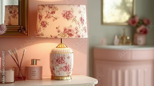 A vintage-inspired floral table lamp with rosy tones, illuminating a chic vanity with soft pink accessories