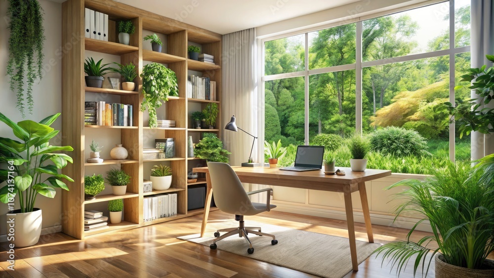 Bright Minimalist Home Office with Wooden Desk Surrounded by Plants and Bookshelves for Enhanced Creativity and Productivity Bright Minimalist Home Office with Wooden Desk Surrounded by Plants and Bookshelves for Enhanced Creativity and Productivity