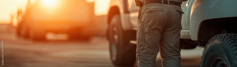 A soldier stands near military vehicles at sunset, creating a dramatic contrast between the silhouette and the warm, glowing background. A soldier stands near military vehicles at sunset, creating a dramatic contrast between the silhouette and the warm, glowing background.