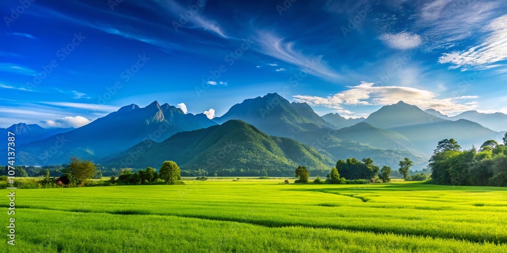Fototapeta premium Serene Green Field with Majestic Mountain View Under Clear Blue Sky, Ideal for Nature Lovers Seeking Peaceful Landscapes and Outdoor Adventure Inspiration