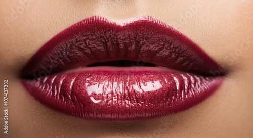 Close-up of Shiny Red Lipstick on Full Lips