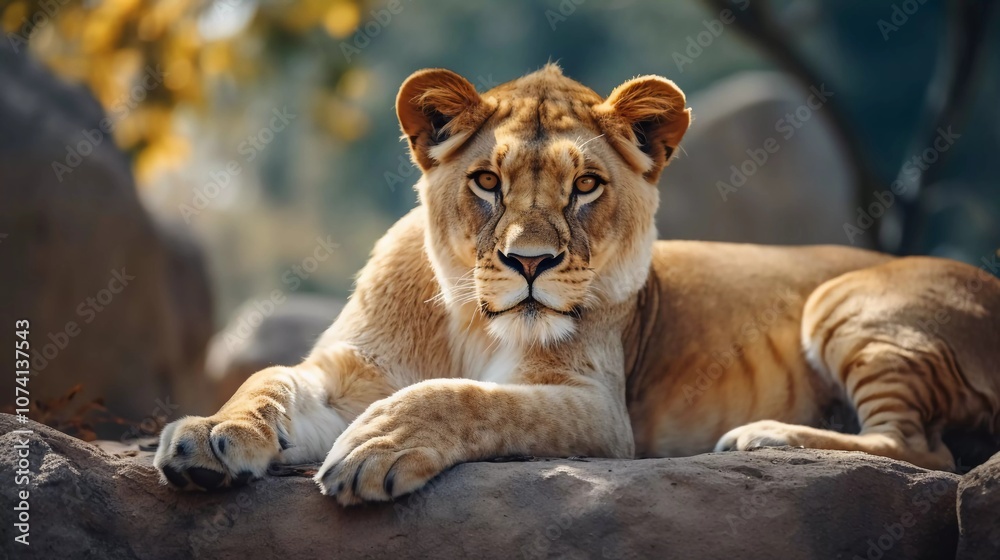 Fototapeta premium A lioness rests gracefully on a rock, showcasing her majestic features in a natural setting.