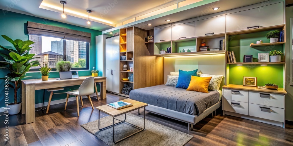Compact Studio Bedroom with Transforming Space Features: Innovative Design Solutions for Small Living Areas, Multifunctional Furniture, Smart Storage, and Modern Aesthetics Compact Studio Bedroom with Transforming Space Features: Innovative Design Solutions for Small Living Areas, Multifunctional Furniture, Smart Storage, and Modern Aesthetics