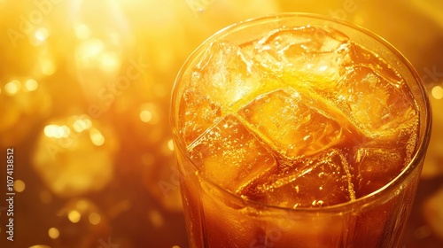 Close-up of a delicious iced caramel macchiato in a clear glass with ice, surrounded by sunlight and creating a warm vibe