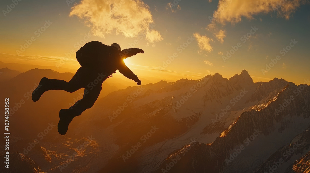 Skydiving Silhouette: Sunset Mountain Range Tandem Jump