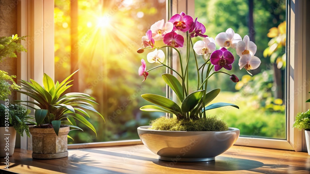 Elegant Circular Planter with Orchids and Lush Greenery by Sunlit Window in Modern Home Decor, Indoor Gardening, Natural Light, Serenity, Home Aesthetics Elegant Circular Planter with Orchids and Lush Greenery by Sunlit Window in Modern Home Decor, Indoor Gardening, Natural Light, Serenity, Home Aesthetics