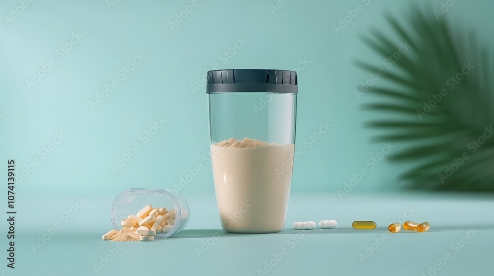 Close-up of whey protein powder scoop with vitamins and a plastic shaker, isolated on a clean background for a modern health and fitness feel Close-up of whey protein powder scoop with vitamins and a plastic shaker, isolated on a clean background for a modern health and fitness feel