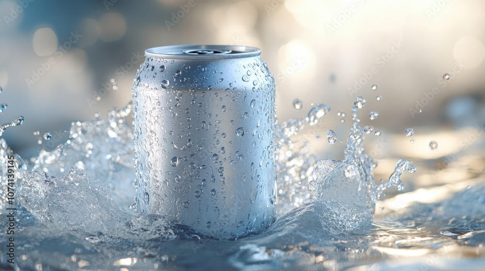 Crisp white aluminum soda can, 330ml, surrounded by water drops splashing around, set against a clear background for an icy, refreshing look Crisp white aluminum soda can, 330ml, surrounded by water drops splashing around, set against a clear background for an icy, refreshing look