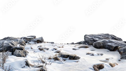 Snowy rocky field hills ground outdoors scenery.
