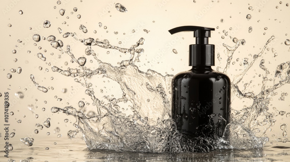 Elegant black pump bottle amidst a large splash of water droplets, isolated against a smooth, neutral-colored backdrop to evoke freshness Elegant black pump bottle amidst a large splash of water droplets, isolated against a smooth, neutral-colored backdrop to evoke freshness