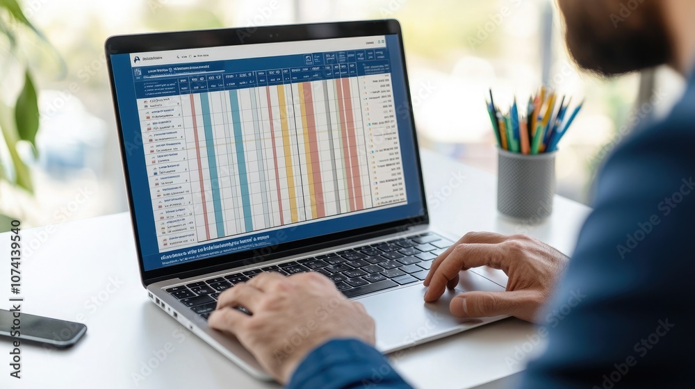 A person works on a laptop displaying a spreadsheet, focusing on data analysis in a bright, organized workspace with stationery. A person works on a laptop displaying a spreadsheet, focusing on data analysis in a bright, organized workspace with stationery.
