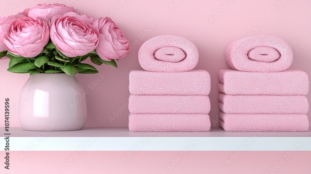 Soft Pink Towels and Elegant Flowers Arranged on a Minimalist Shelf in a Serene Bathroom Setting Creating a Calm and Inviting Atmosphere for Relaxation