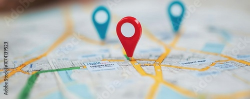 A close-up of a map featuring location pins, highlighting navigation and points of interest for easy identification of places.