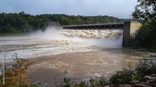 A dam releases a torrent of water, creating a powerful, churning flow. photo