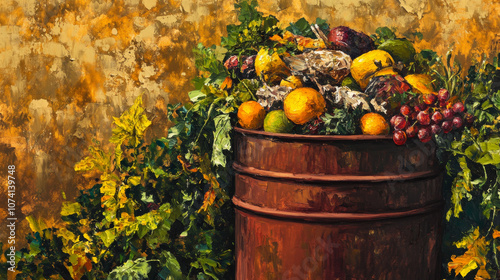 Compost Bin Overflowing with Autumn Fruits and Vegetables, Rustic Oil Painting photo