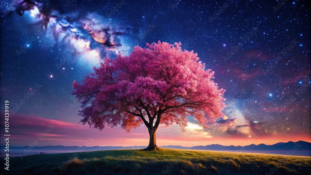 Serene Pink Tree Beneath a Starry Sky: Capturing the Tranquility and Beauty of Nature in Panoramic Photography for Artistic Landscapes and Relaxing Imagery Serene Pink Tree Beneath a Starry Sky: Capturing the Tranquility and Beauty of Nature in Panoramic Photography for Artistic Landscapes and Relaxing Imagery