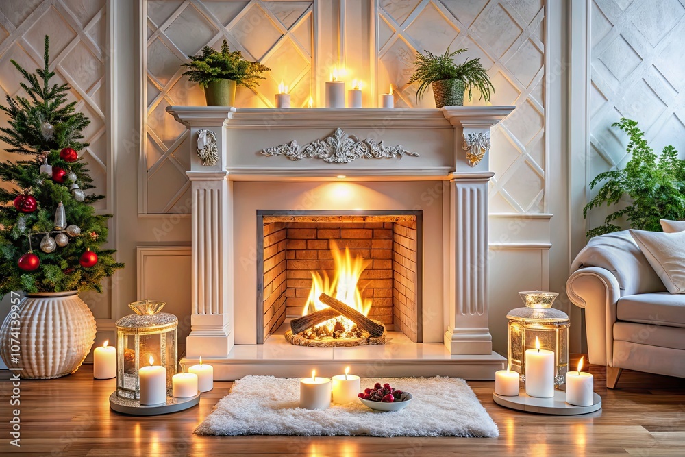 Cozy White Fireplace with Gentle Flames - Warm Home Decor, Relaxing Atmosphere, Modern Interior, Stock PNG for Holiday and Seasonal Themes