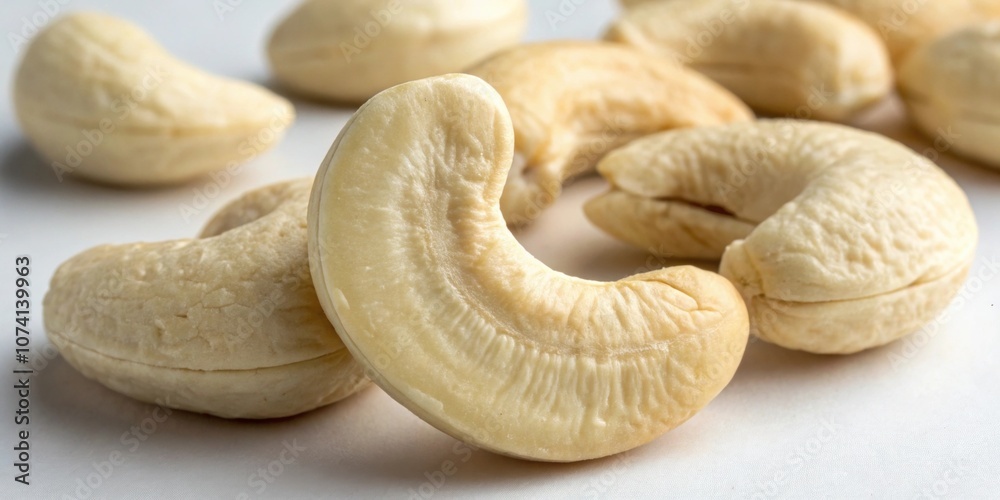 Cashew Nuts A closeup of cashew nuts displaying their signature curved shape and smooth creamy texture. They are arranged playfully on a light surface inviting a closer look. Cashew Nuts A closeup of cashew nuts displaying their signature curved shape and smooth creamy texture. They are arranged playfully on a light surface inviting a closer look.