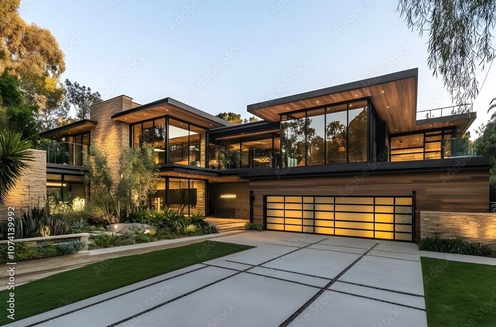 Modern two-story home with a large garage door, featuring an exterior of light gray and dark wood paneling, along with glass windows that highlight the interior design. Modern two-story home with a large garage door, featuring an exterior of light gray and dark wood paneling, along with glass windows that highlight the interior design.