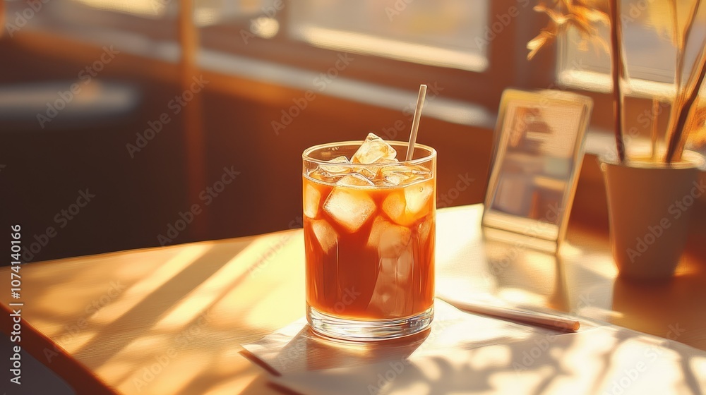 Iced caramel macchiato with visible ice cubes and a drizzle of caramel, glowing in the morning sunlight for a cozy vibe Iced caramel macchiato with visible ice cubes and a drizzle of caramel, glowing in the morning sunlight for a cozy vibe