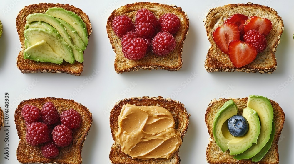 Overhead shot of healthy toast with various toppings such as avocado, peanut butter, and fruits, styled on a white surface for a vibrant look Overhead shot of healthy toast with various toppings such as avocado, peanut butter, and fruits, styled on a white surface for a vibrant look
