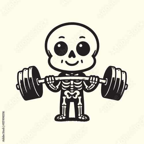 Black smiling skeleton deadlifting a barbell silhouette vector.