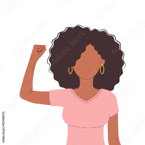 International Womens Day 8 march. Campaign 2025 AccelerateAction. Curly woman showing strength in her hand. Faceless female avatar. Flat vector illustration on white background photo