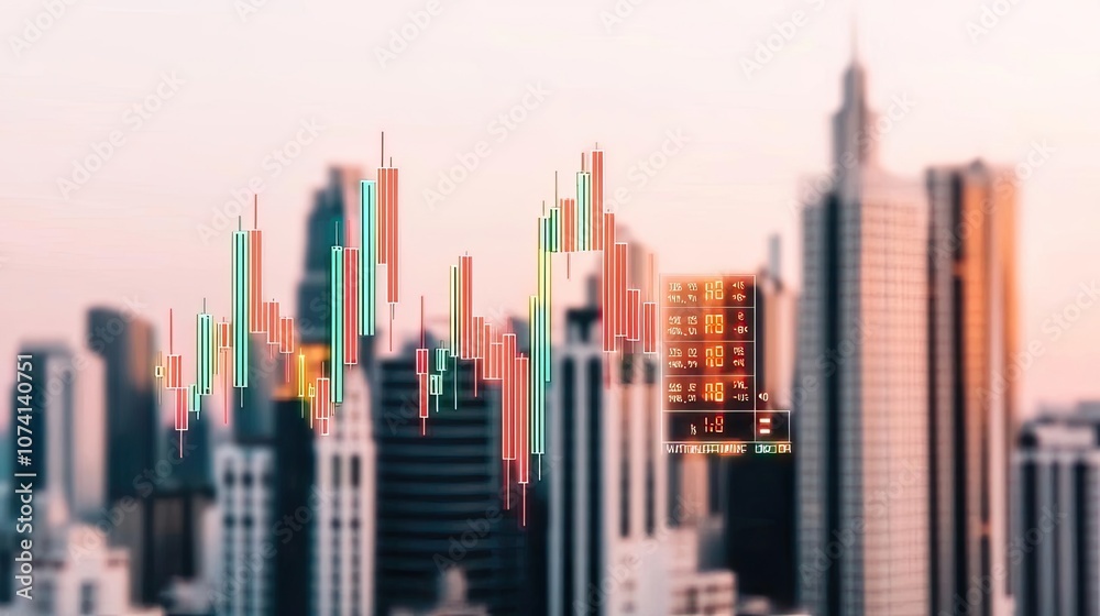 Abstract financial chart overlay on blurred city skyline background during sunset.
