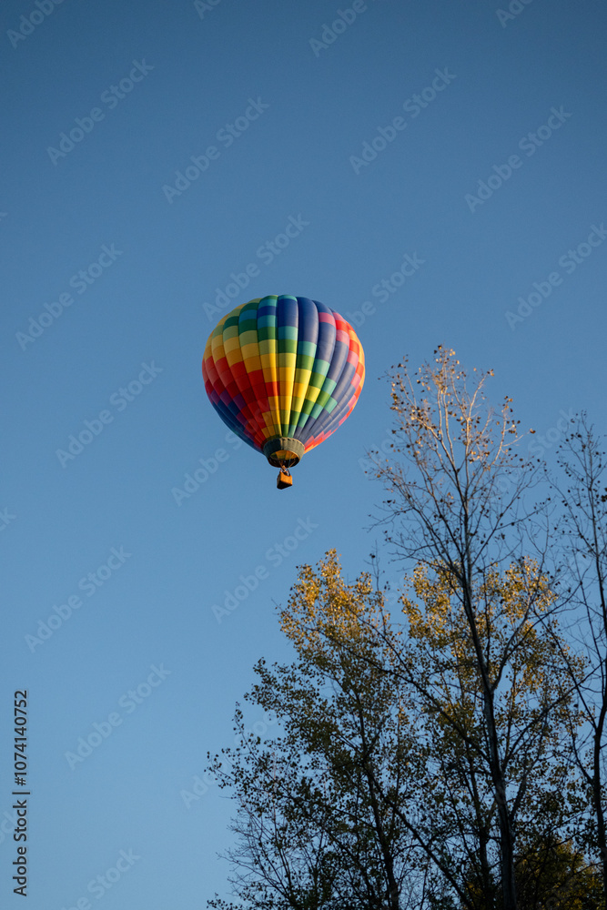 Naklejka premium rainbow colored hot air balloon against blue sky with trees