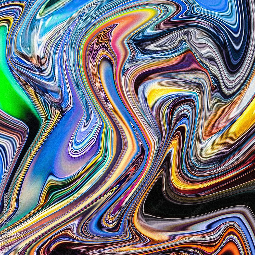Obraz premium Abstract digital art with wavy, overlapping gradient background, deformed holographic metallic object