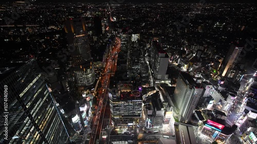 Tokyo, Japan, Shibuya City Skyline Night time aerial view wide angle 4K travel video 